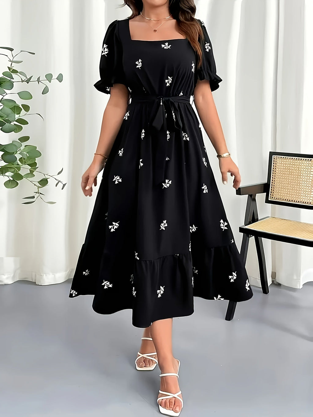 MyWestern Midnight Bloom Square-Neck Dress – Effortless Elegance in Black