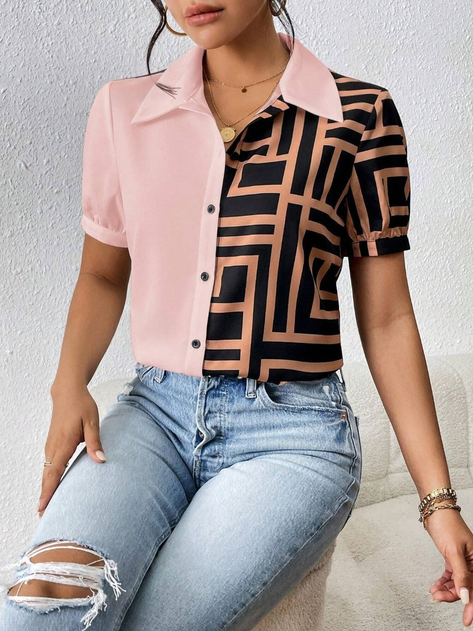 MyWestern Chic Half-and-Half Button Down Shirt