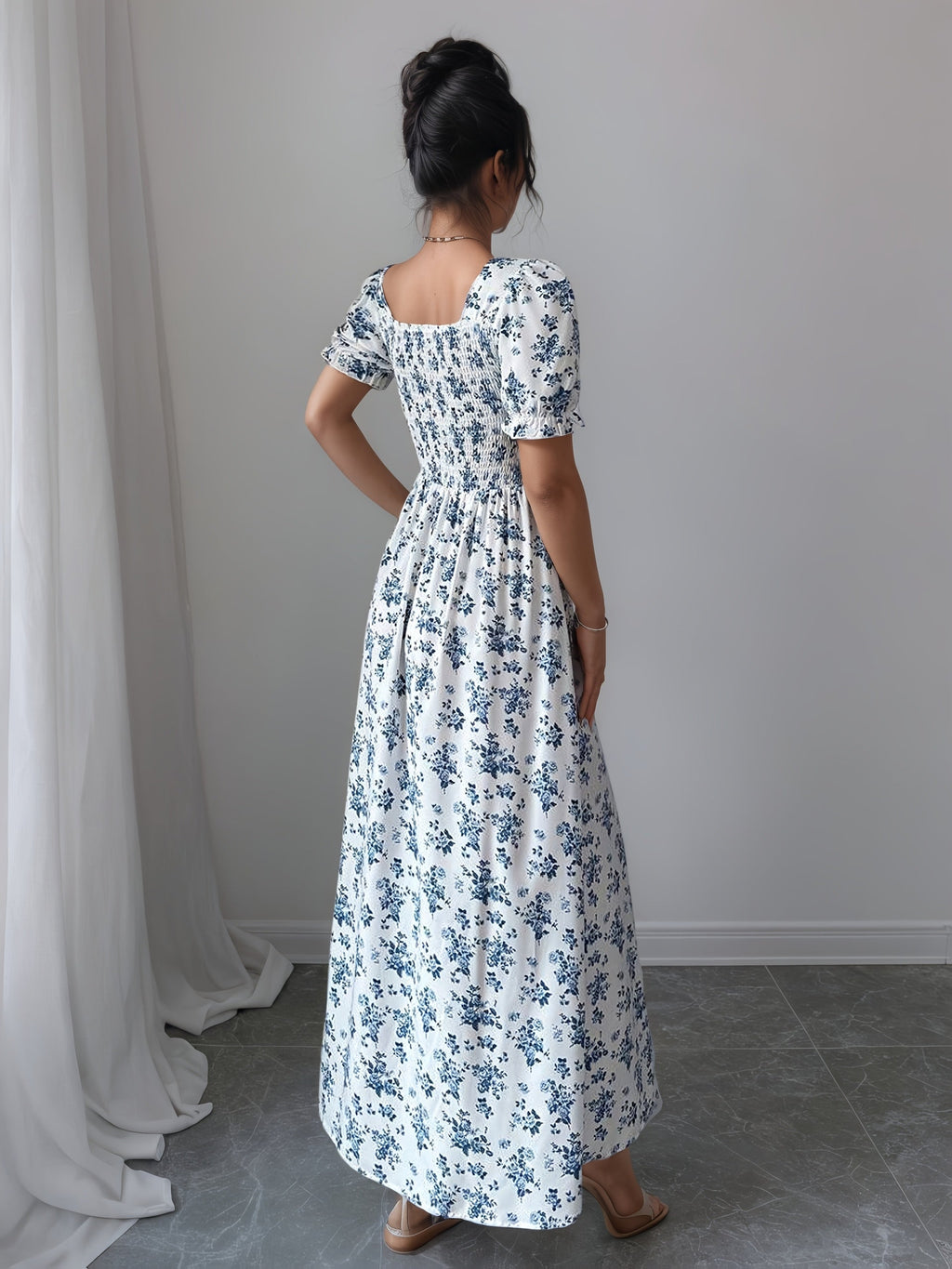 MyWestern Floral Print A-Line Maxi Dress with Puff Sleeves