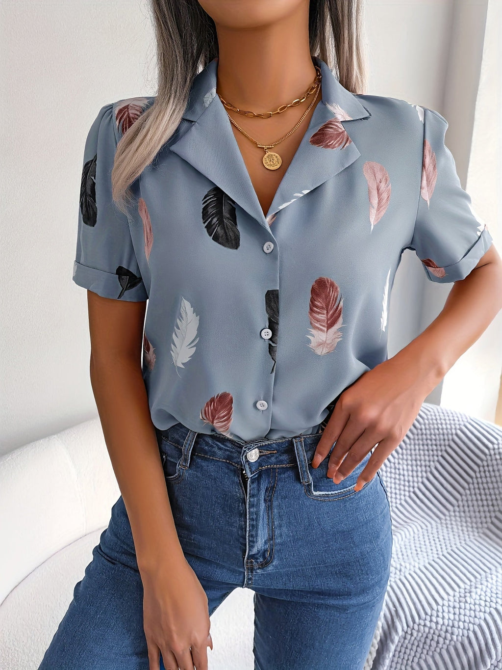 MyWestern Feather Print Light Blue Shirt