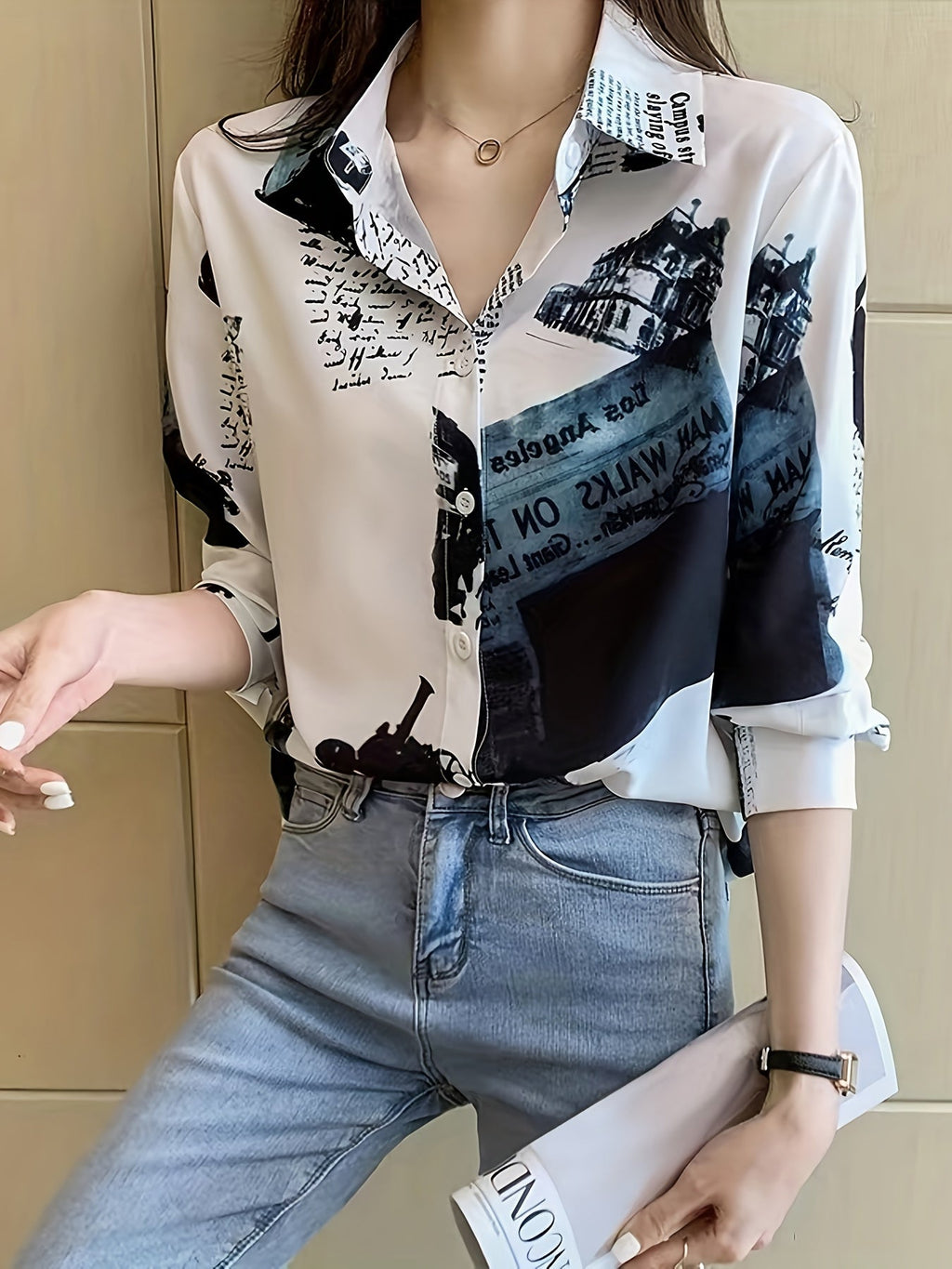 MyWestern Women's Monochrome Vintage Print Shirt
