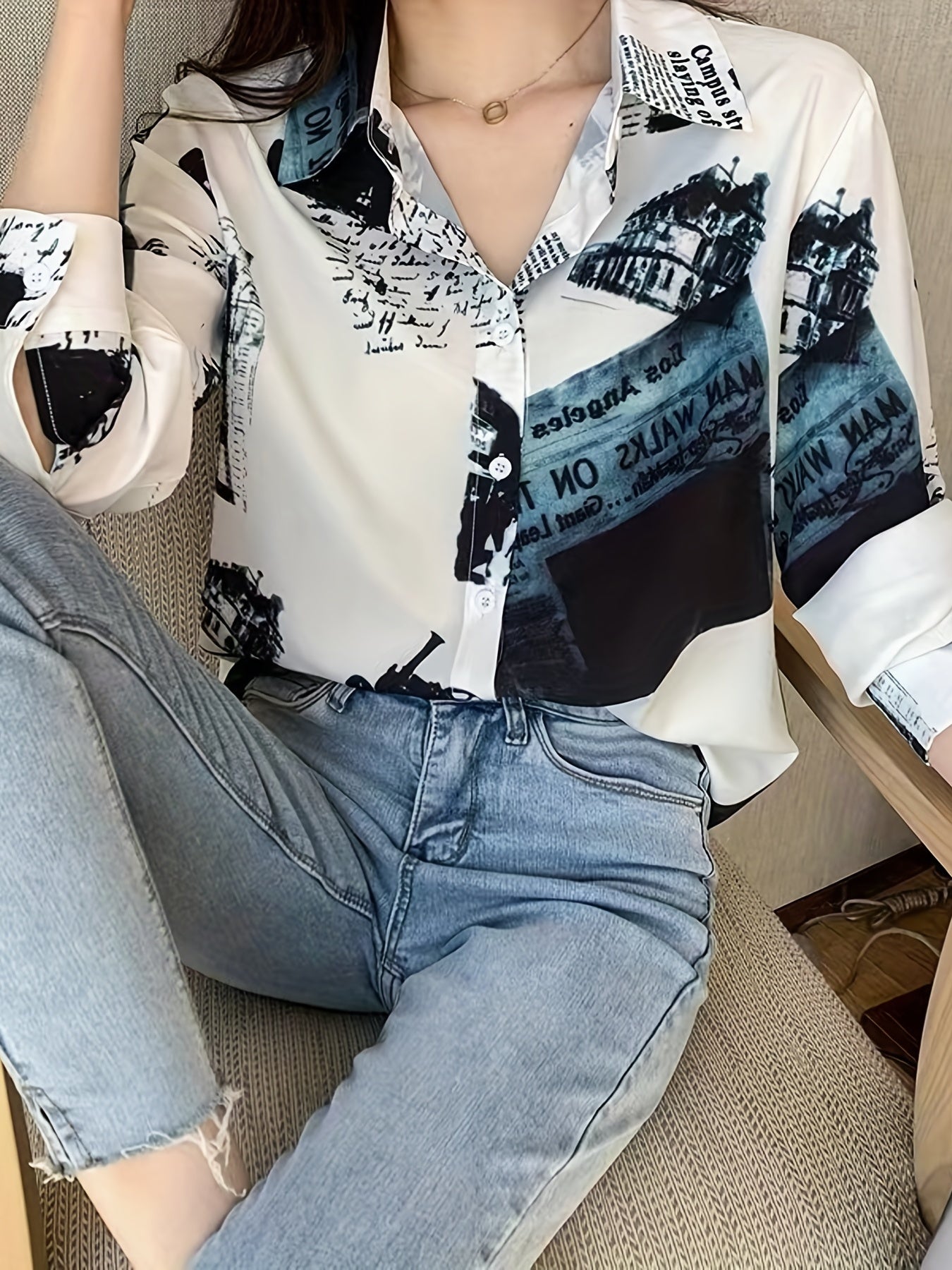 MyWestern Women's Monochrome Vintage Print Shirt