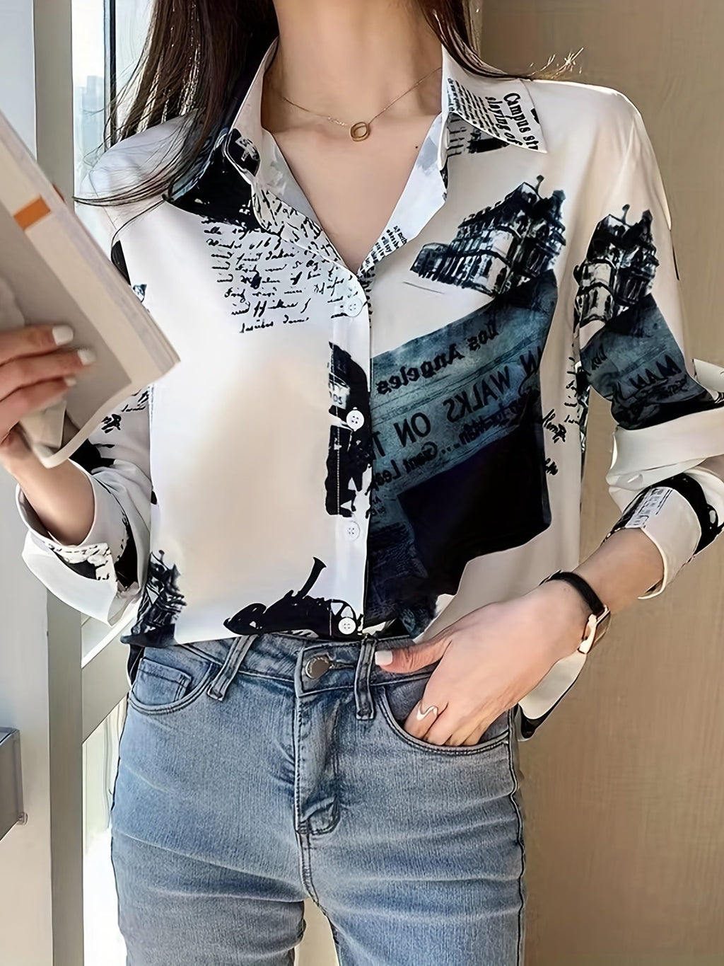 MyWestern Women's Monochrome Vintage Print Shirt