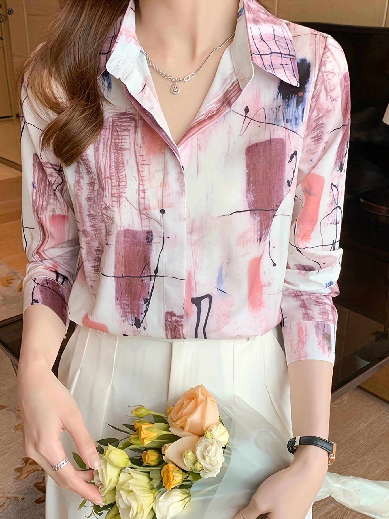 MyWestern Elegant Abstract Print Satin Shirt