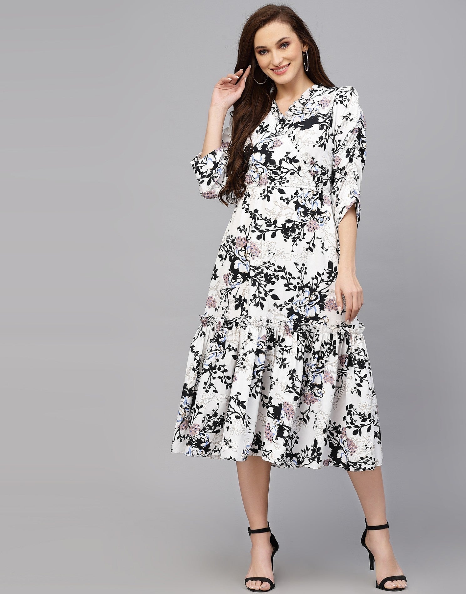 My Western Women's Crepe Floral Printed Ruffled Western Maxi Dress