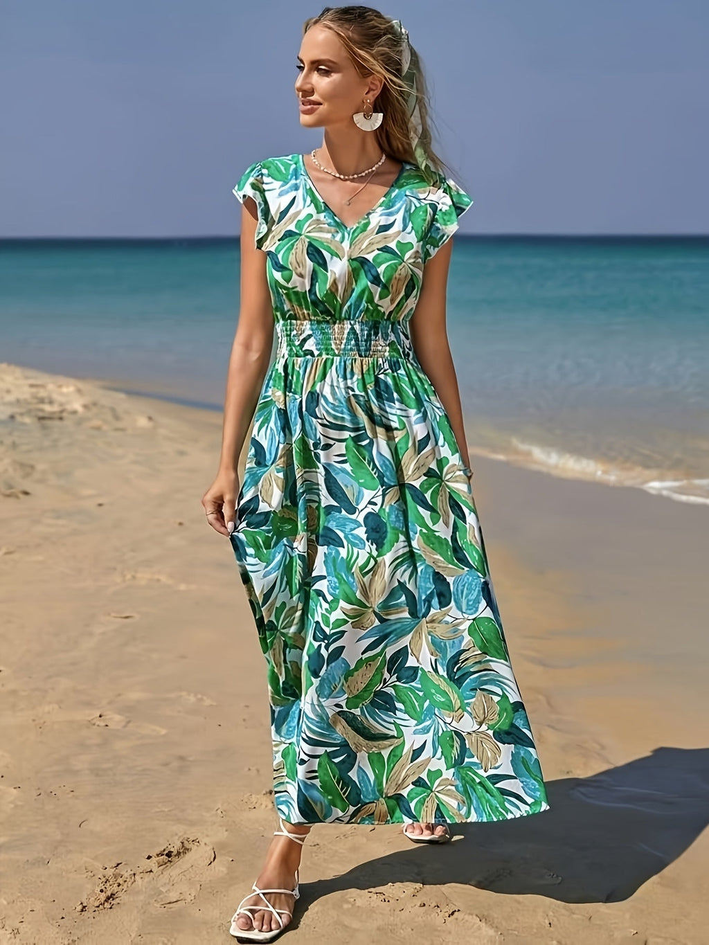 MyWestern Tropical Leaf Print Beach Maxi Dress