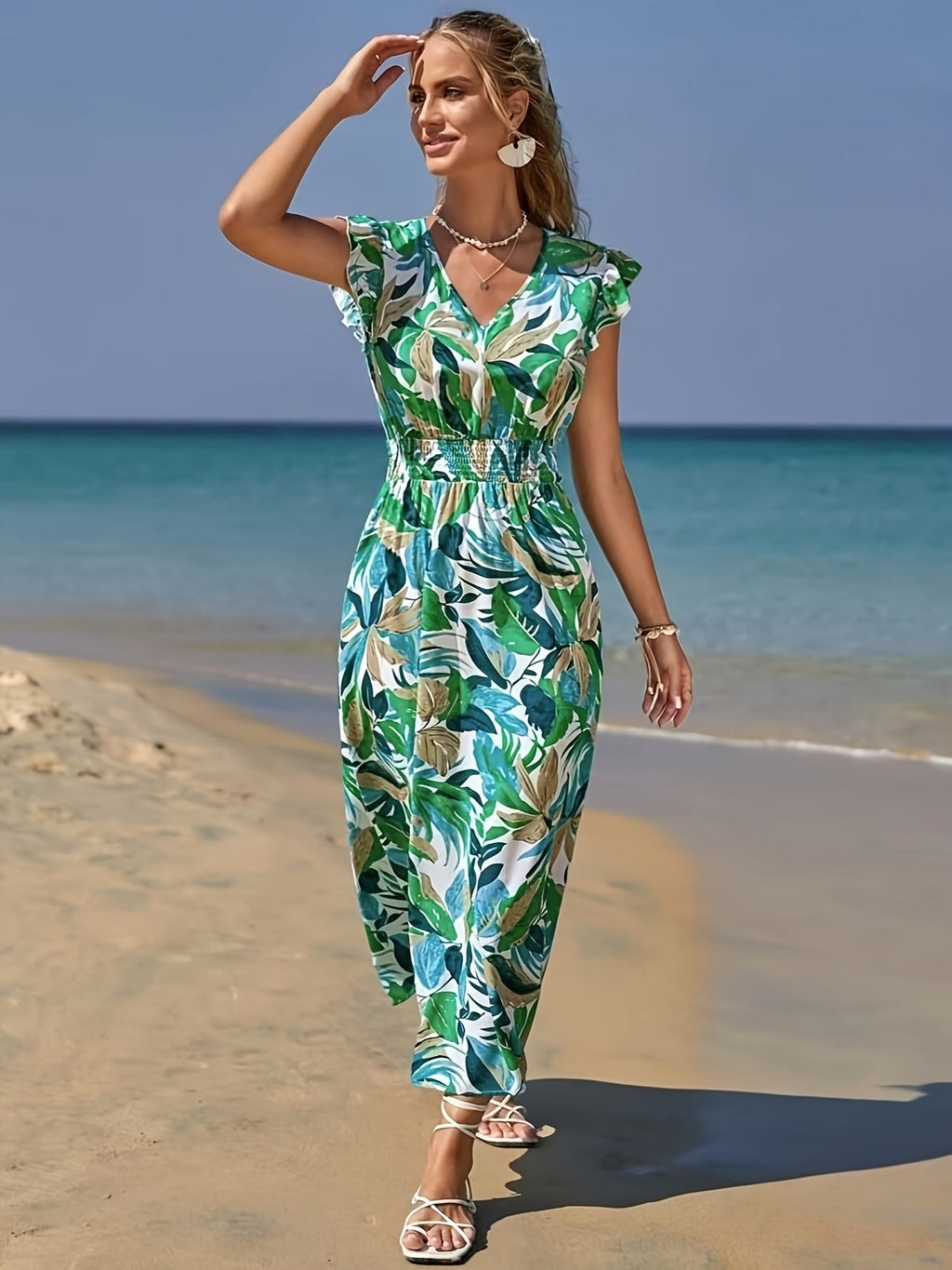 MyWestern Tropical Leaf Print Beach Maxi Dress
