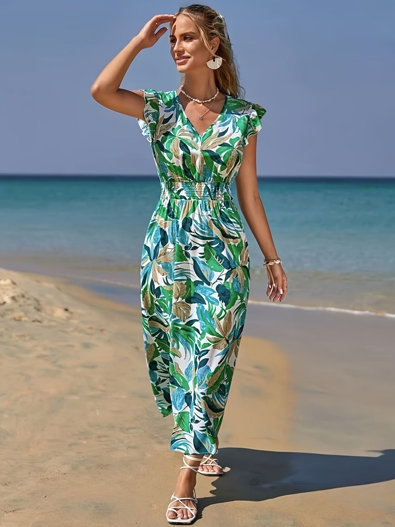 MyWestern Tropical Leaf Print Beach Maxi Dress