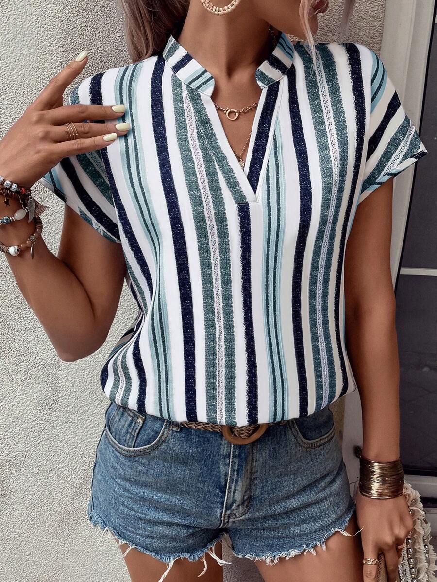 MyWesternMulticolor Striped Print Notched Neck Short Sleeve Top