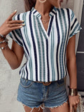 MyWesternMulticolor Striped Print Notched Neck Short Sleeve Top