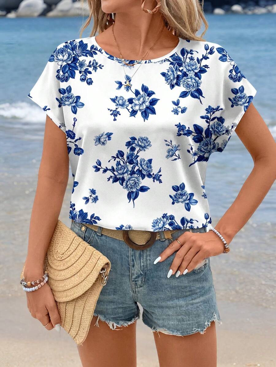 MyWesternMulticolor Soft Fabric Floral Print Rolled-Up Short Sleeves Round Neckline Relaxed Fit Top For Women & Girls