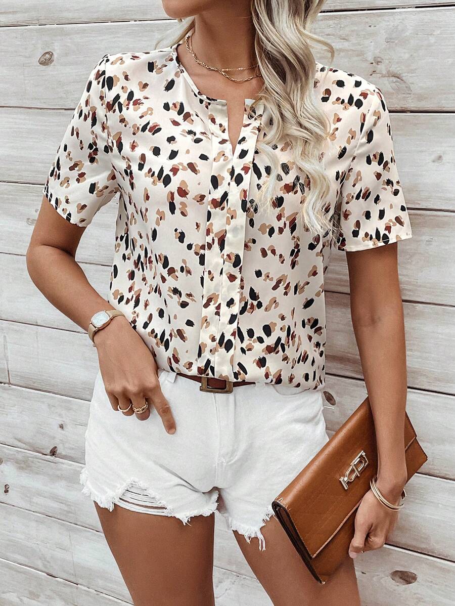 MyWesternWhite Soft Fabric Abstract Stripe Print Rolled-Up Short Sleeves Round Neckline Relaxed Fit Top For Women & Girls