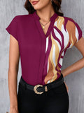 MyWesternMaroon Artistic Abstract Print Rolled-Up Short Sleeves Round Neck Top