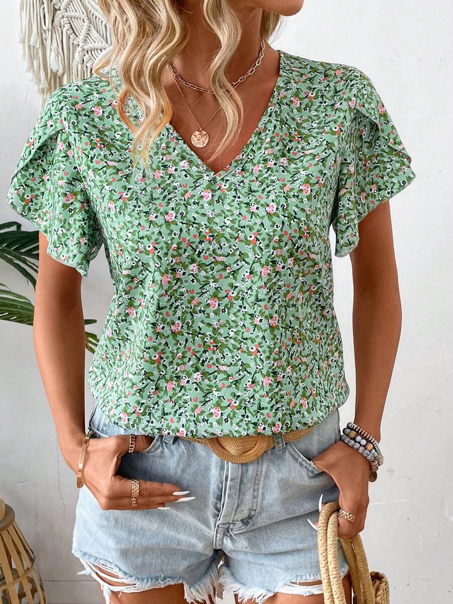 MyWesternPrint Rolled-Up Short Sleeves Round Neckline Relaxed Fit Top For Women & Girls