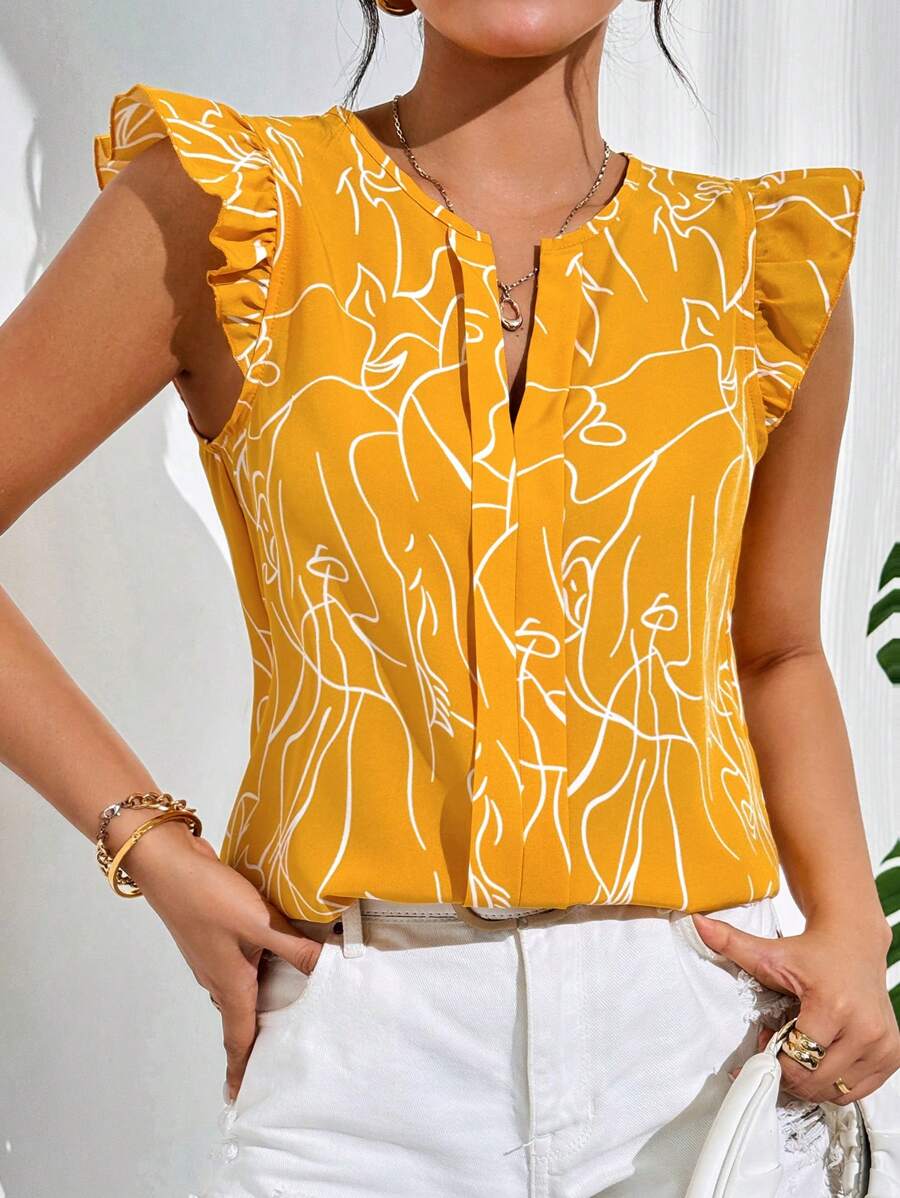 MyWesternYellow Soft Fabric Abstract Stripe Print Rolled-Up Short Sleeves Round Neckline Relaxed Fit Top For Women