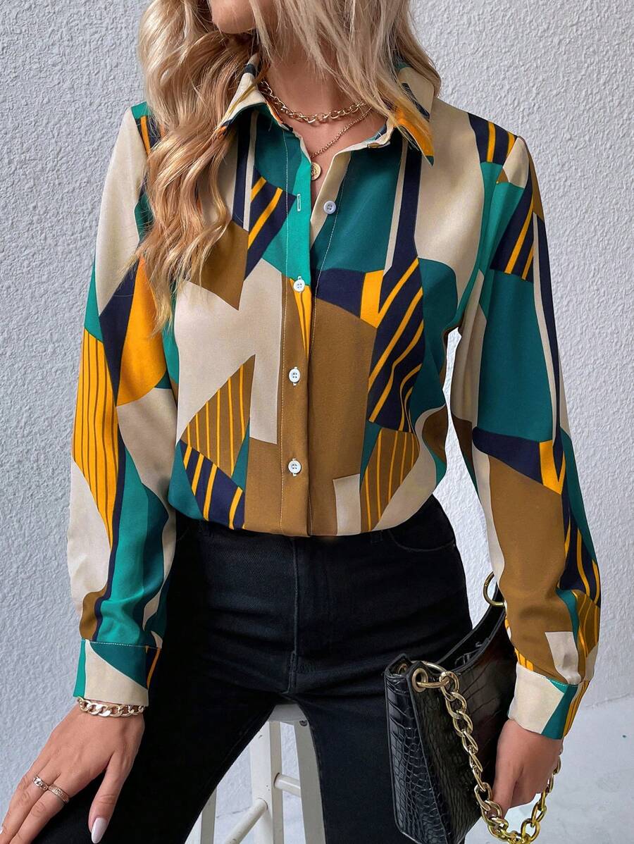 Modern Geometric Print Rayon Shirt for Women
