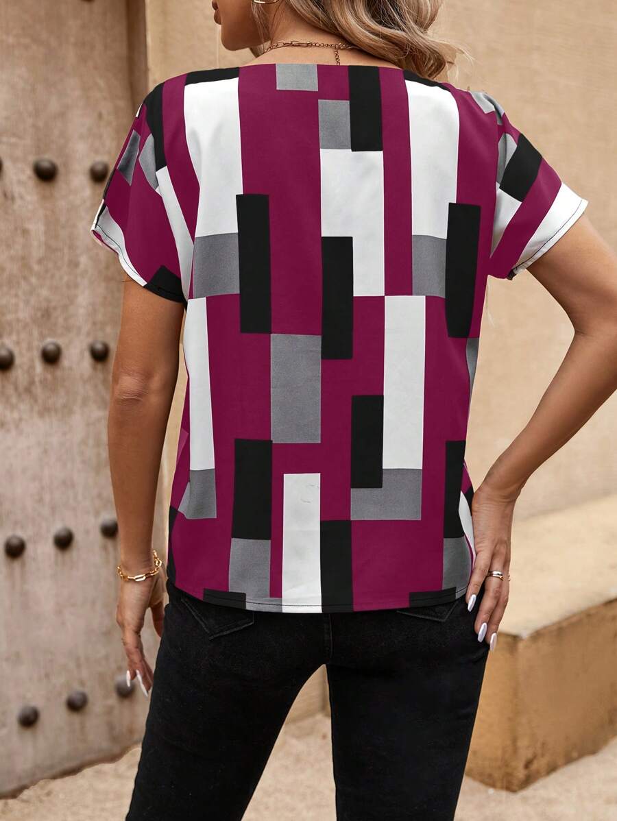 MyWesternMulticolor Abstract Stripe Print Short Sleeves Round Neck Top