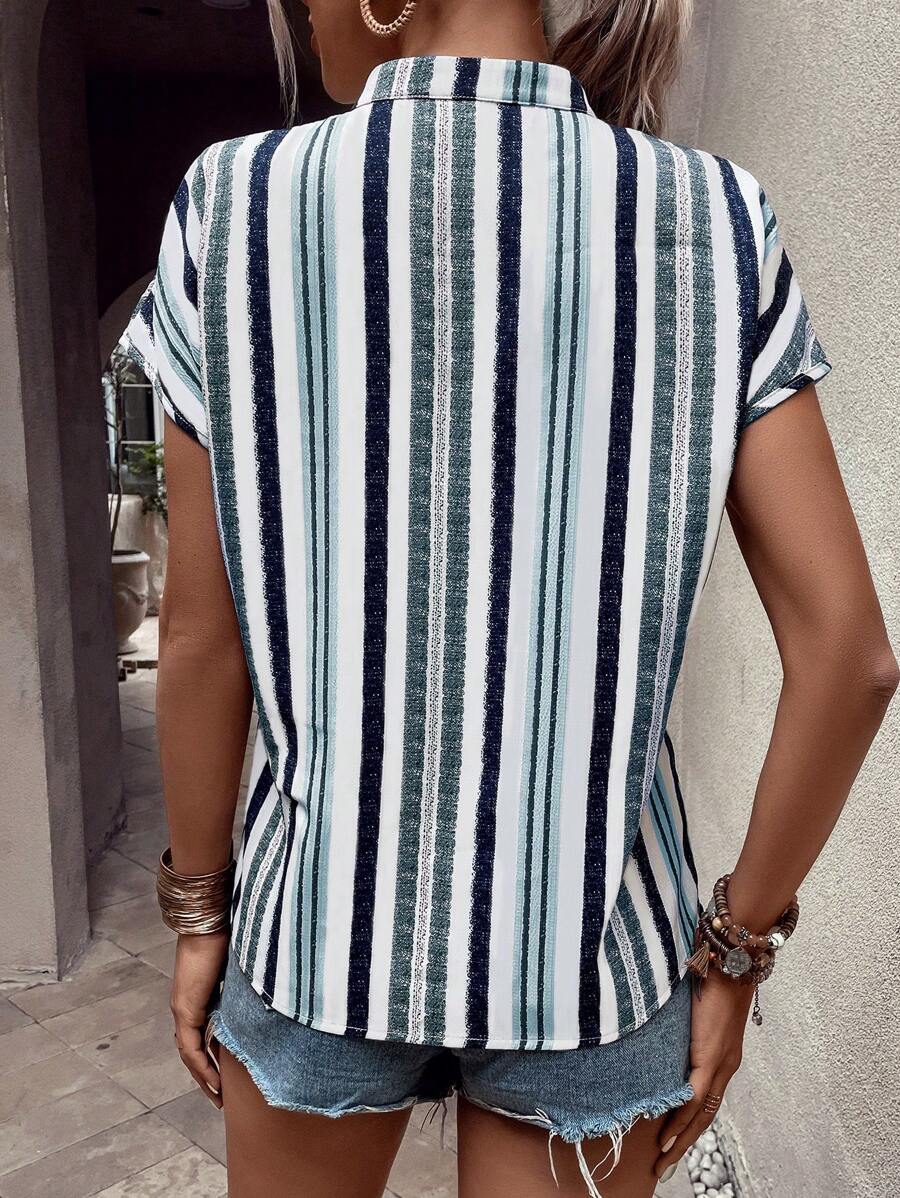 MyWesternMulticolor Striped Print Notched Neck Short Sleeve Top