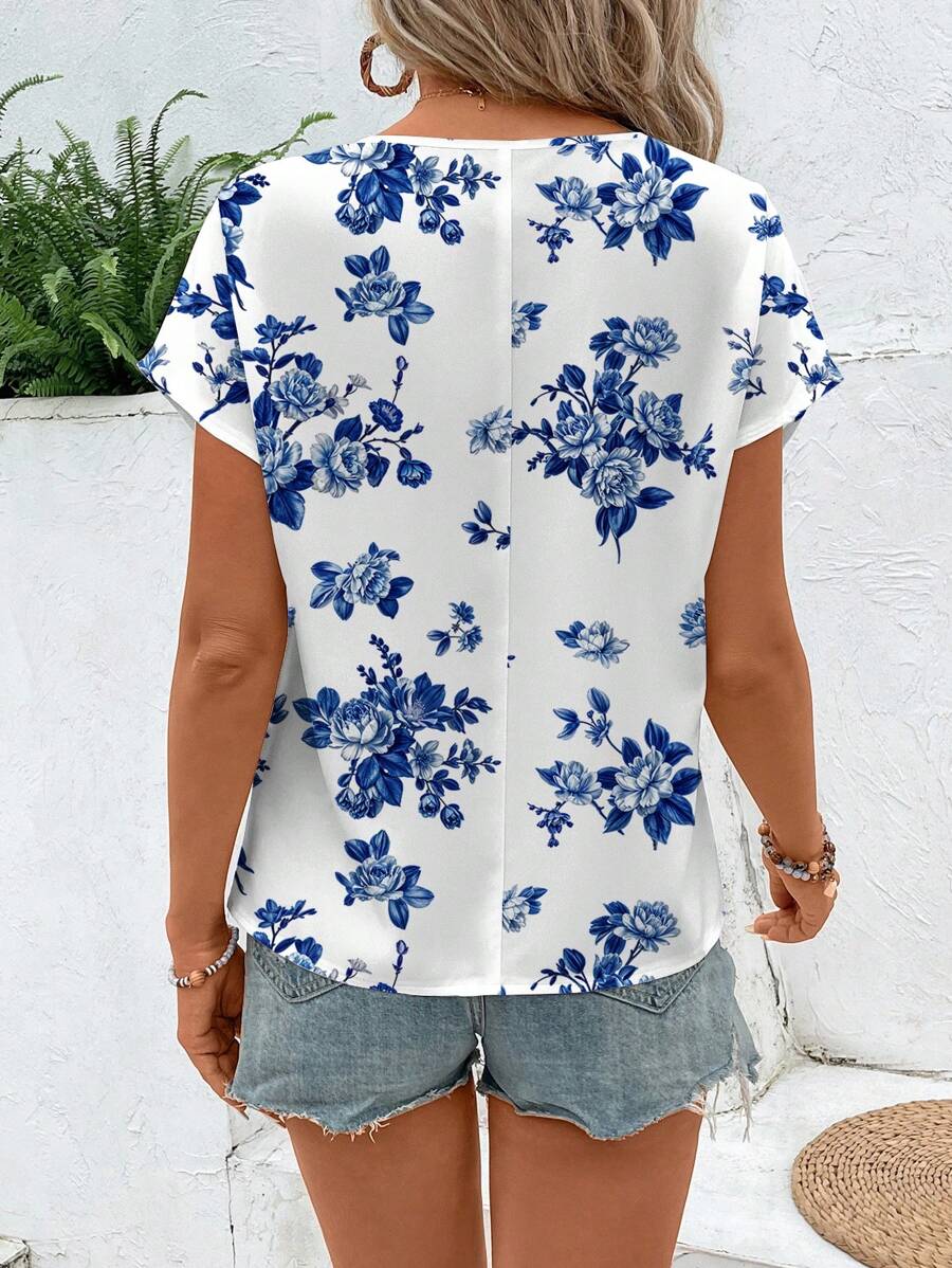 MyWesternMulticolor Soft Fabric Floral Print Rolled-Up Short Sleeves Round Neckline Relaxed Fit Top For Women & Girls