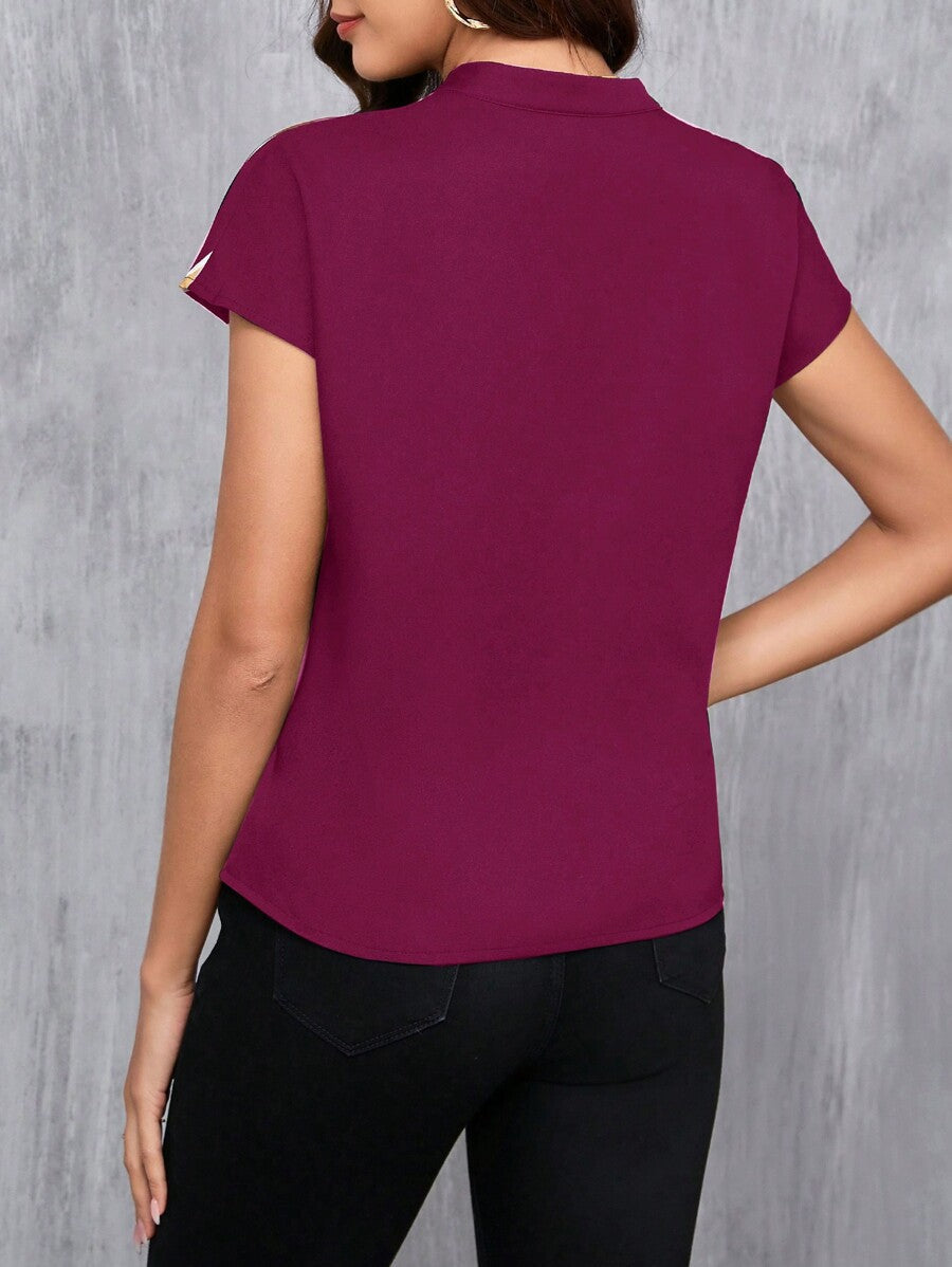MyWesternMaroon Artistic Abstract Print Rolled-Up Short Sleeves Round Neck Top