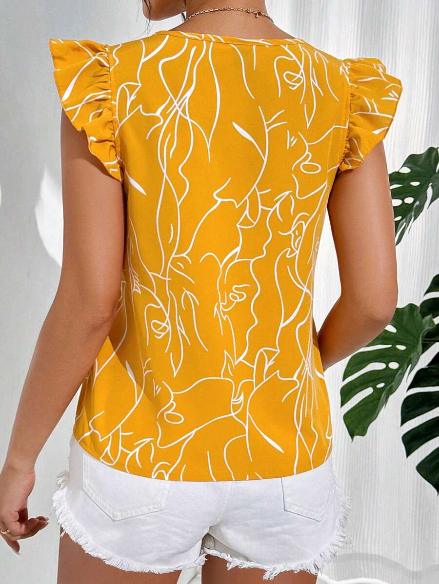 MyWesternYellow Soft Fabric Abstract Stripe Print Rolled-Up Short Sleeves Round Neckline Relaxed Fit Top For Women