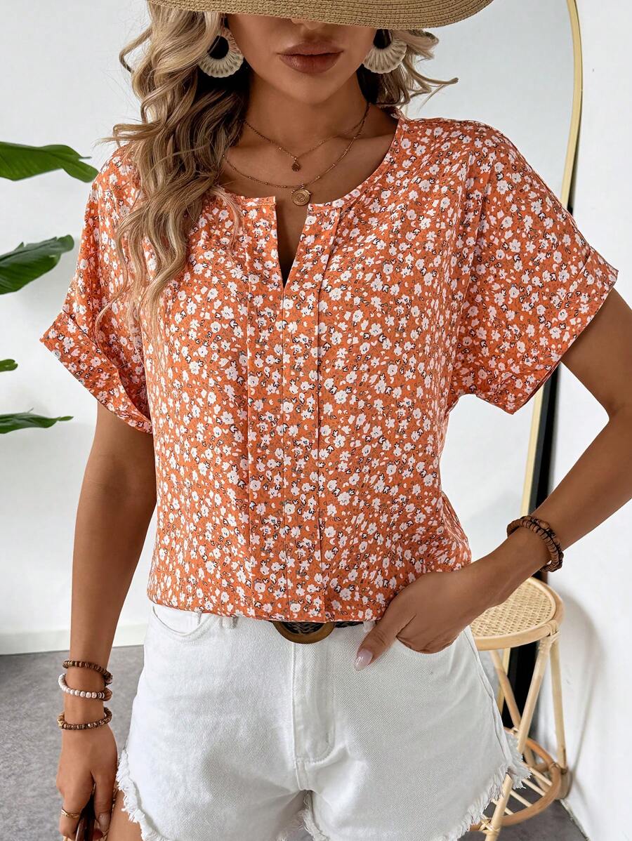 MyWesternOrange Soft Fabric Abstract Stripe Print Rolled-Up Short Sleeves Round Neckline Relaxed Fit Top For Women & Girls