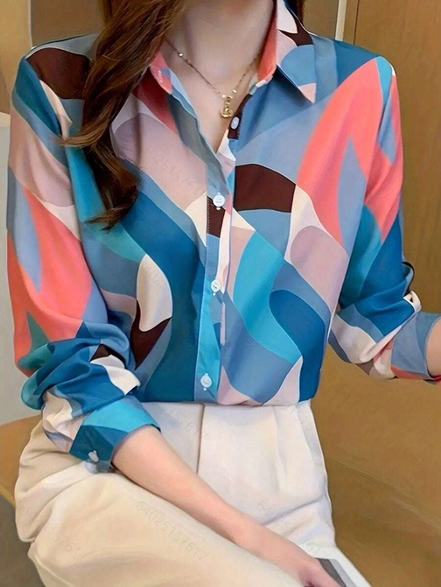 🎨 Retro Color Curve Abstract Shirt – Statement Elegance for Modern Women