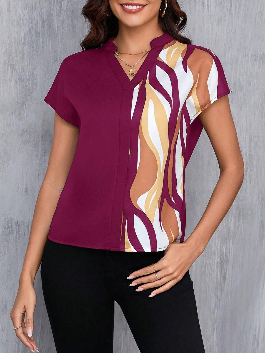 MyWesternMaroon Artistic Abstract Print Rolled-Up Short Sleeves Round Neck Top