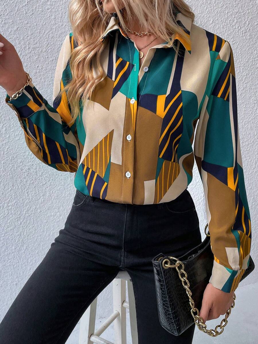 Modern Geometric Print Rayon Shirt for Women