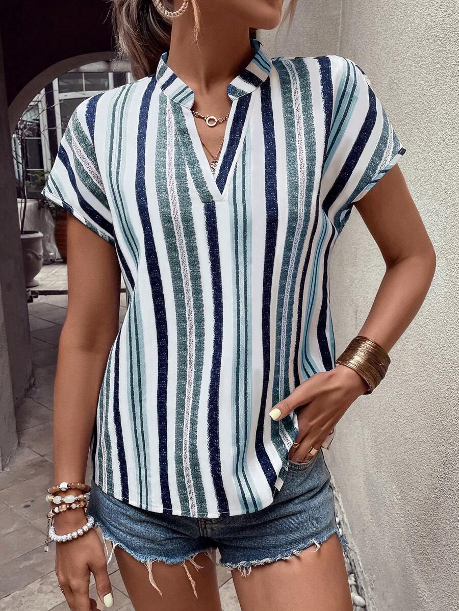MyWesternMulticolor Striped Print Notched Neck Short Sleeve Top