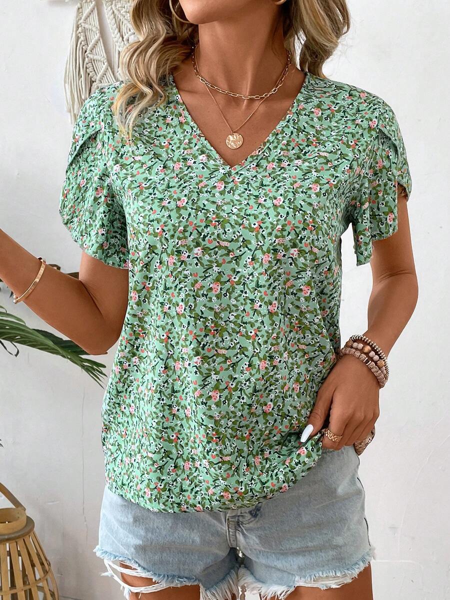 MyWesternPrint Rolled-Up Short Sleeves Round Neckline Relaxed Fit Top For Women & Girls