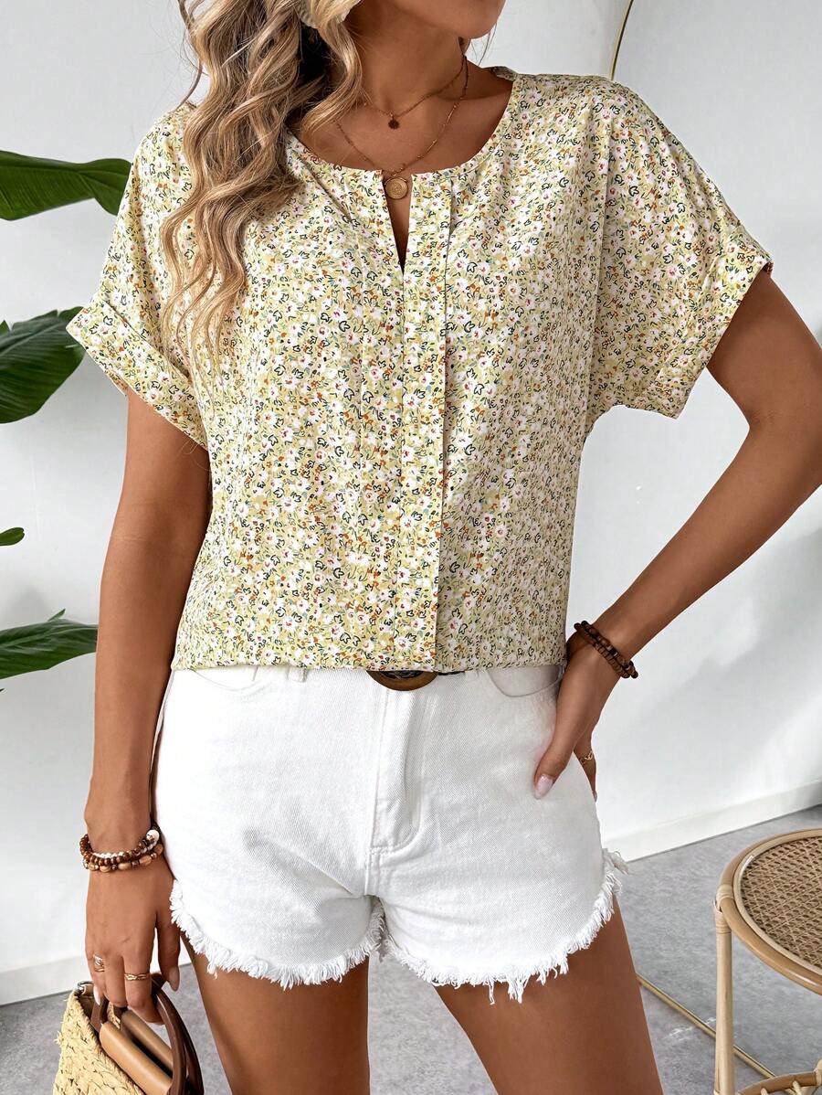 MyWesternAbstract Stripe Print Rolled-Up Short Sleeves Round Neckline Relaxed Fit Top For Women & Girls