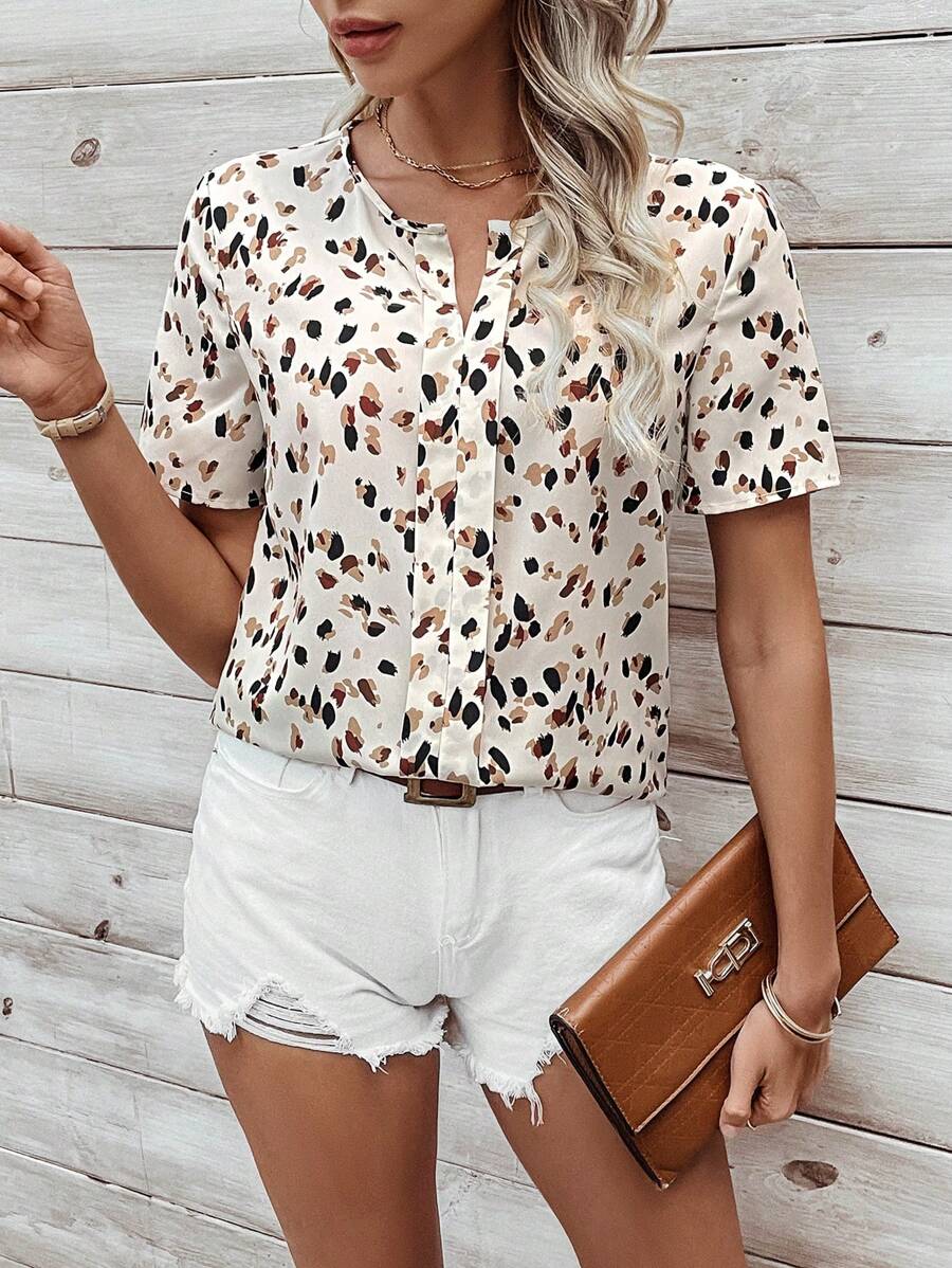 MyWesternWhite Soft Fabric Abstract Stripe Print Rolled-Up Short Sleeves Round Neckline Relaxed Fit Top For Women & Girls