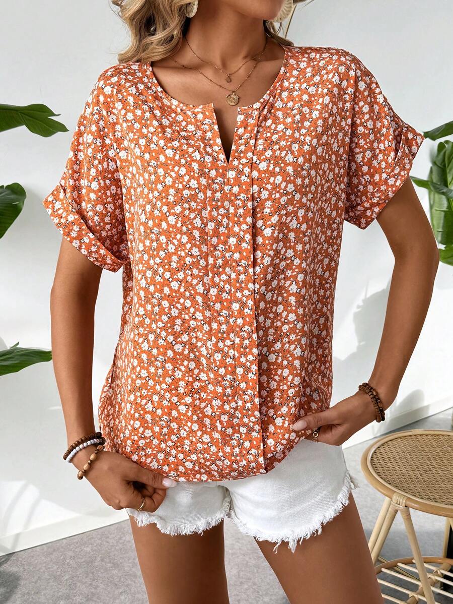 MyWesternOrange Soft Fabric Abstract Stripe Print Rolled-Up Short Sleeves Round Neckline Relaxed Fit Top For Women & Girls