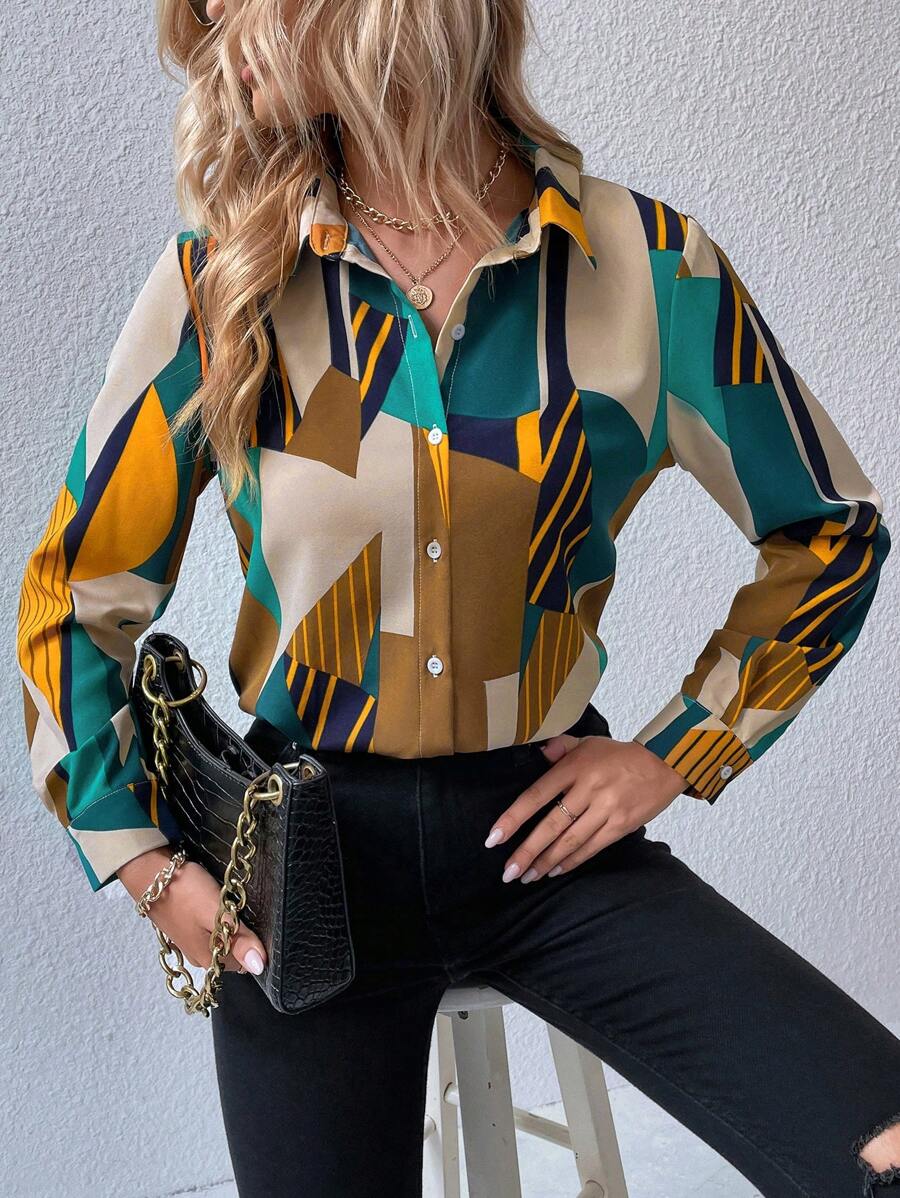 Modern Geometric Print Rayon Shirt for Women