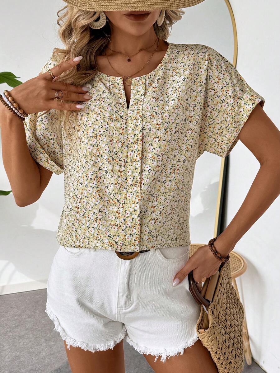 MyWesternAbstract Stripe Print Rolled-Up Short Sleeves Round Neckline Relaxed Fit Top For Women & Girls