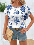 MyWesternMulticolor Soft Fabric Floral Print Rolled-Up Short Sleeves Round Neckline Relaxed Fit Top For Women & Girls