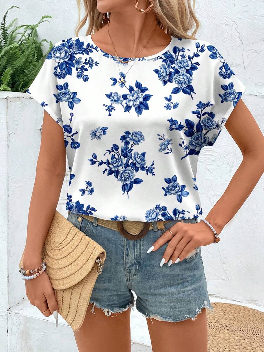 MyWesternMulticolor Soft Fabric Floral Print Rolled-Up Short Sleeves Round Neckline Relaxed Fit Top For Women & Girls