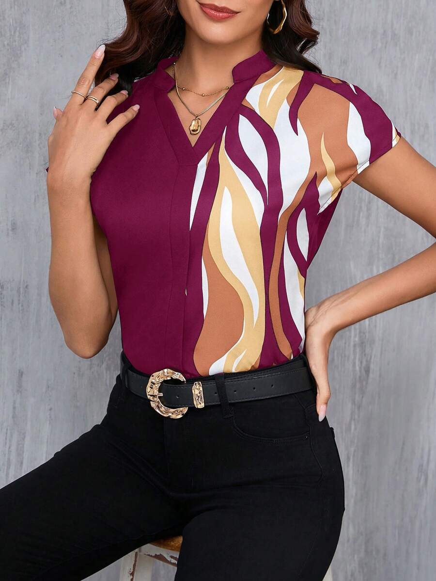 MyWesternMaroon Artistic Abstract Print Rolled-Up Short Sleeves Round Neck Top