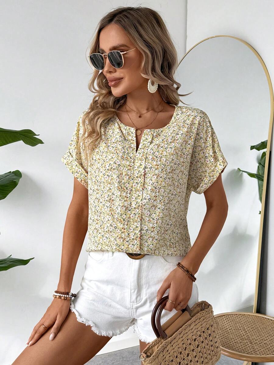 MyWesternAbstract Stripe Print Rolled-Up Short Sleeves Round Neckline Relaxed Fit Top For Women & Girls