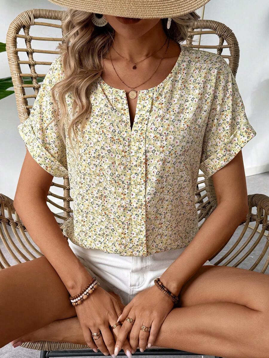 MyWesternAbstract Stripe Print Rolled-Up Short Sleeves Round Neckline Relaxed Fit Top For Women & Girls