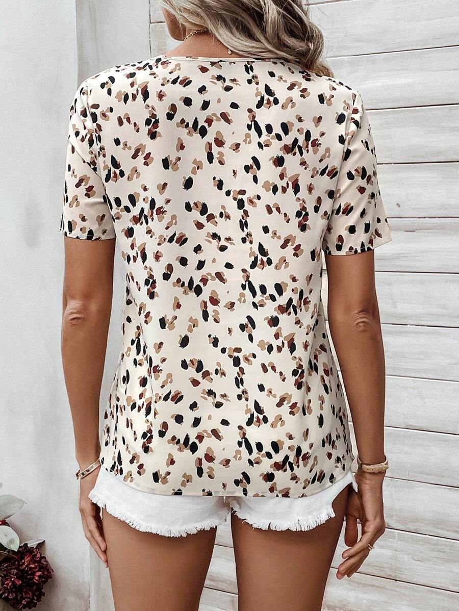 MyWesternWhite Soft Fabric Abstract Stripe Print Rolled-Up Short Sleeves Round Neckline Relaxed Fit Top For Women & Girls