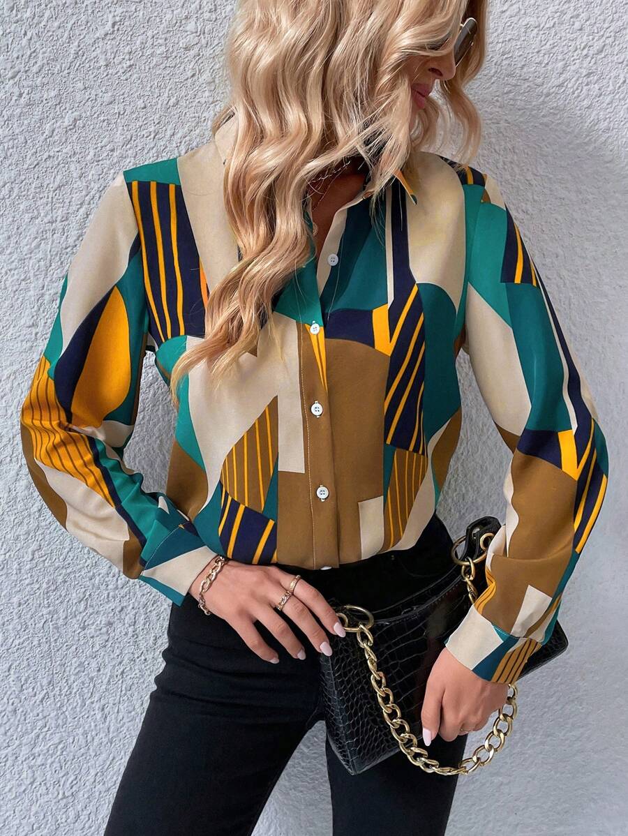 Modern Geometric Print Rayon Shirt for Women