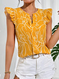 MyWesternYellow Soft Fabric Abstract Stripe Print Rolled-Up Short Sleeves Round Neckline Relaxed Fit Top For Women