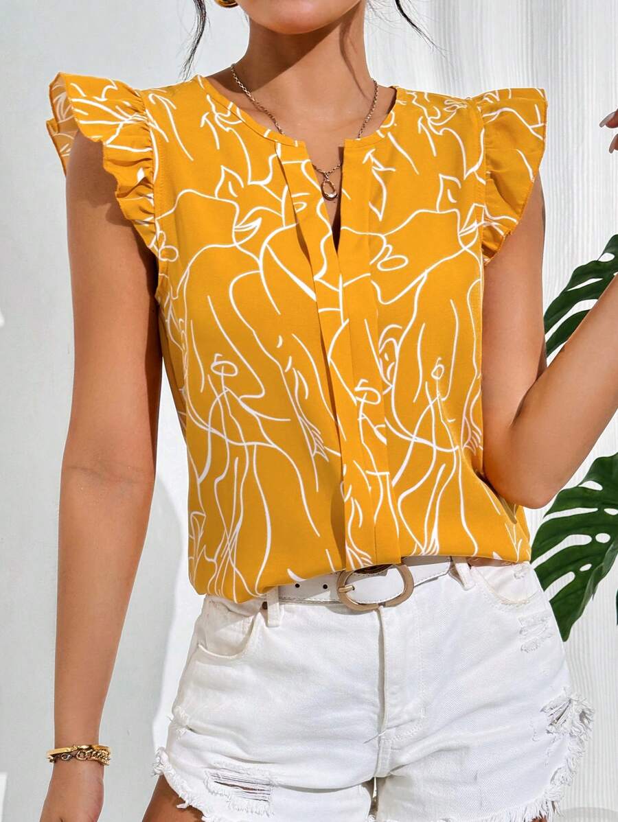 MyWesternYellow Soft Fabric Abstract Stripe Print Rolled-Up Short Sleeves Round Neckline Relaxed Fit Top For Women