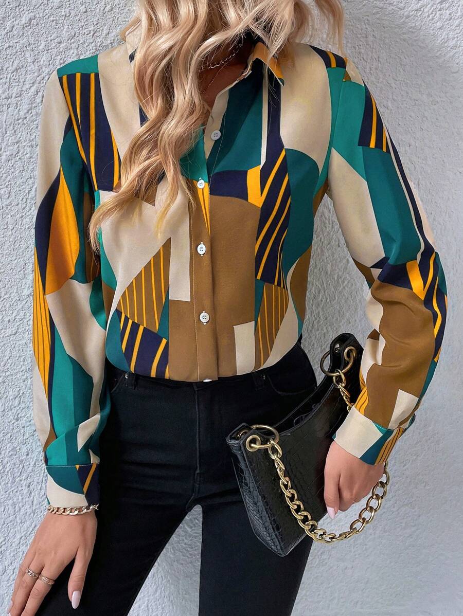 Modern Geometric Print Rayon Shirt for Women